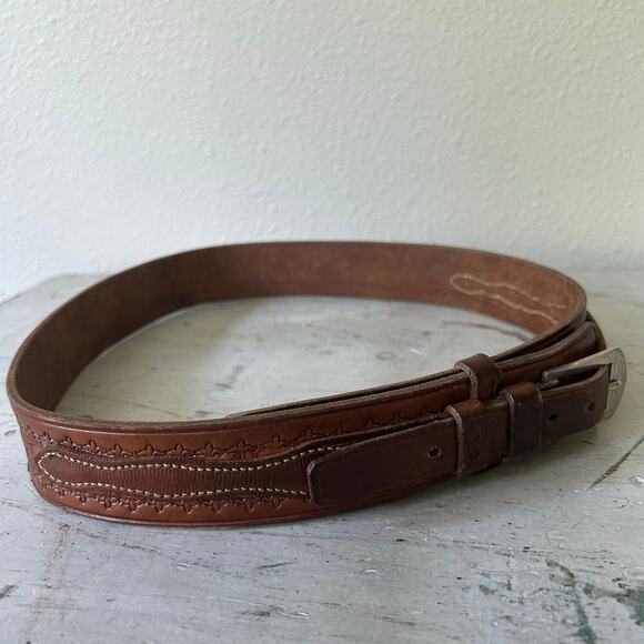 Vintage leather Ranger belt with belt buckle tooled embossed western cowboy 32 - Picture 6 of 14